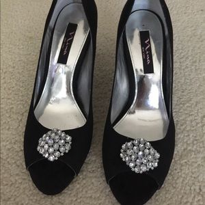 Nina Fiery Black Satin Jeweled Peeptoe Pumps 10